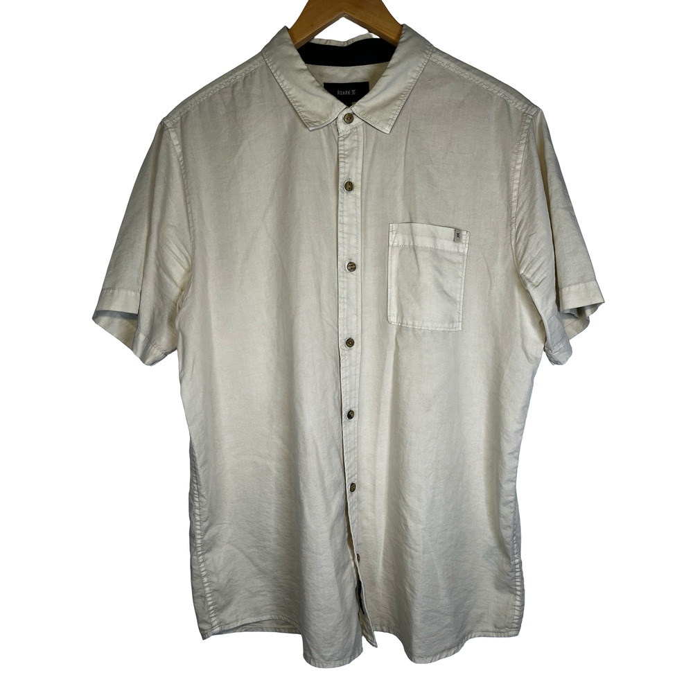 Roark Shirt Mens Large Off-White Short Sleeve Button Front Organic Cotton Tencel